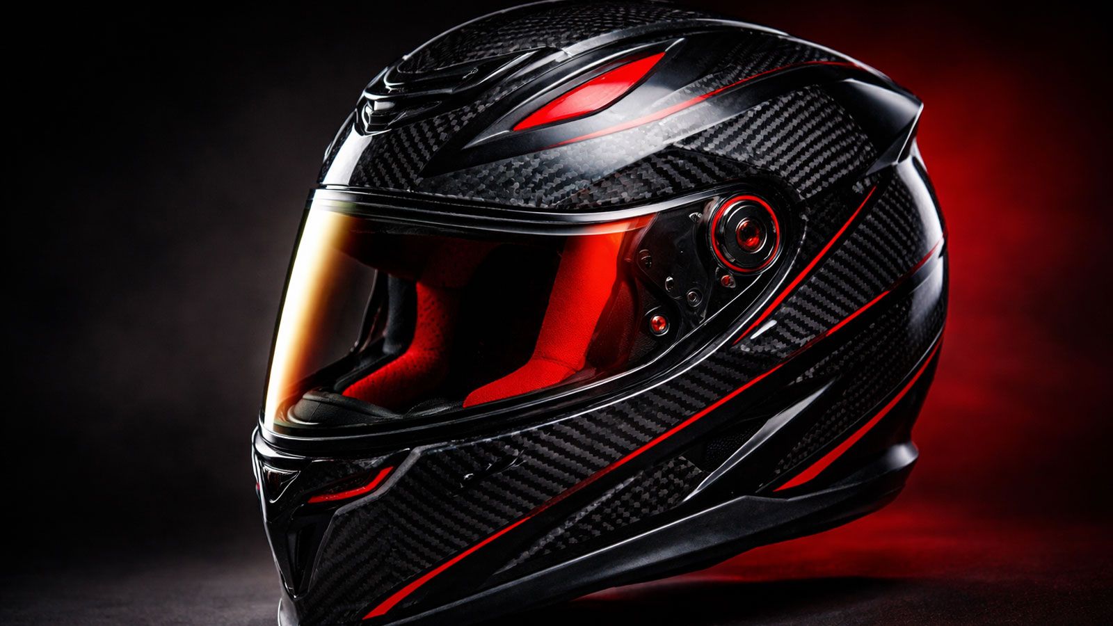 Αγωνιστικό full-face κράνος από carbon fiber σε μαύρο χρωματισμό με εμφανή ύφανση, κόκκινες λεπτομέρειες και φιμέ ιριδίζουσα ζελατίνα, τοποθετημένο σε