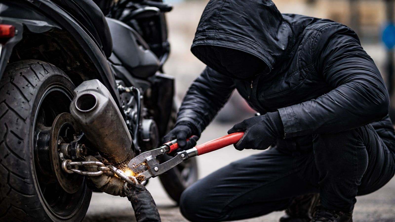 Μοτοσυκλέτα στο δρόμο που προσπαθεί κάποιος να την κλέψει. Η κλοπή παραμένει ο Νο1 φόβος για όσους παρκάρουν στον δρόμο.