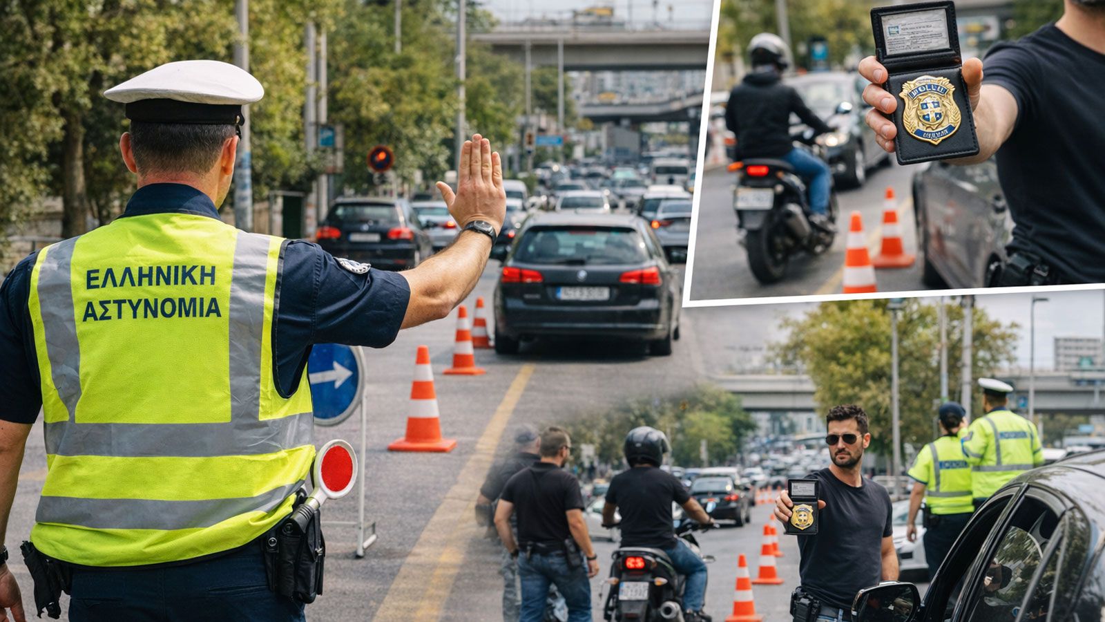 Έλεγχος της Ελληνικής Αστυνομίας σε μπλόκο στον δρόμο με τροχονόμο που κάνει σήμα στάσης σε οδηγούς αυτοκινήτων και μοτοσυκλετών κατά τη διάρκεια τροχ