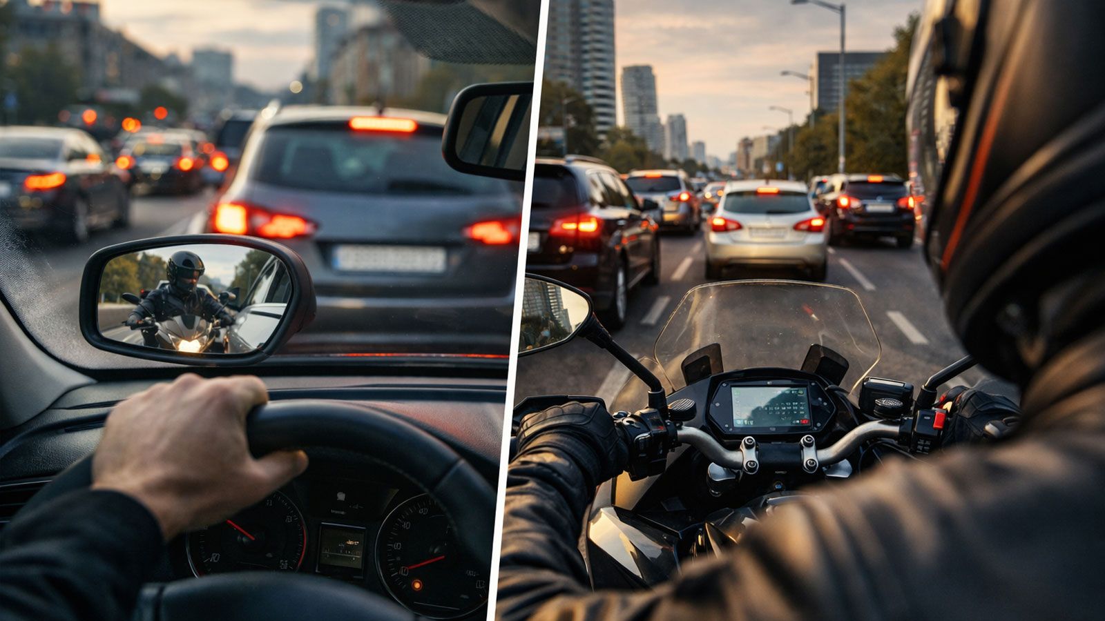 Οδηγός βλέπει μοτοσυκλέτα στον καθρέφτη ενώ αναβάτης περνά ανάμεσα σε αυτοκίνητα σε κίνηση στην πόλη