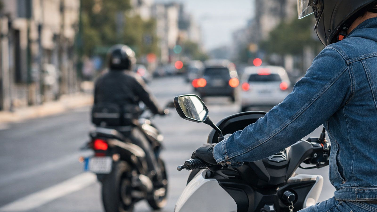 Αναβάτης με κράνος οδηγεί λευκό scooter 125cc σε αστικό δρόμο με κίνηση, ενώ στο βάθος φαίνεται δεύτερη μοτοσυκλέτα και αυτοκίνητα στην πόλη.