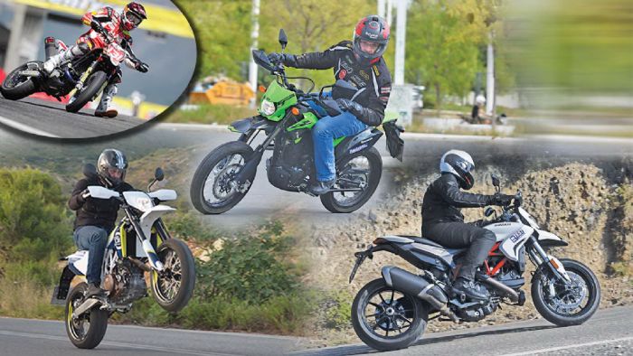 3 μοτοσυκλέτες supermotard διαφορετικού κυβισμού, με καταβολές κατευθείαν από τους αγώνες.