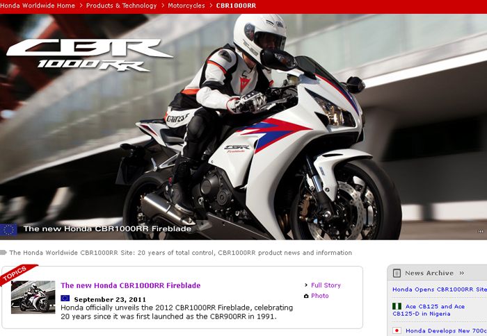 Η Honda αφιερώνει ένα mini site στο ανανεωμένο της CBR 1000RR Fireblade 2012.