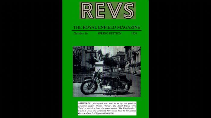 Το εξώφυλλο του τεύχους Revs της Royal Enfield, με την ελληνική φωτογραφία σε πρώτο πλάνο. 